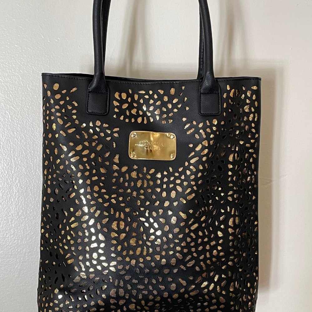 Signature Club A Black and Gold Tote/Shoulder Bag/Lace Effect